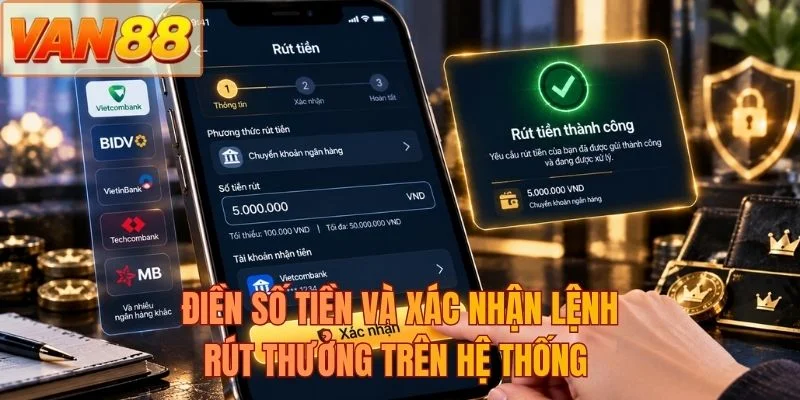 Điền số tiền và xác nhận lệnh rút thưởng trên hệ thống 